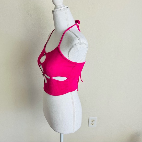 Neon Hot Pink Slinky Cut Out Rhinestone Crystal Embellished Tank Top - Picture 3 of 5